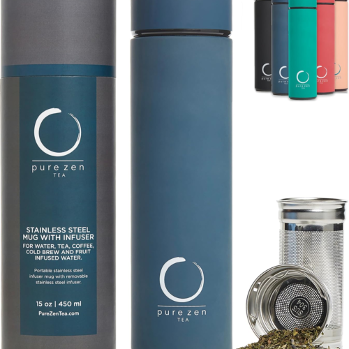 Thermos with Infuser for Tea, Coffee and Fruit-Infused Water - Stainless Steel - Tea Infuser Bottle - Tea Tumbler with Infuser - Leakproof Tea Bottle - Travel Tea Mug - 15Oz - Blue